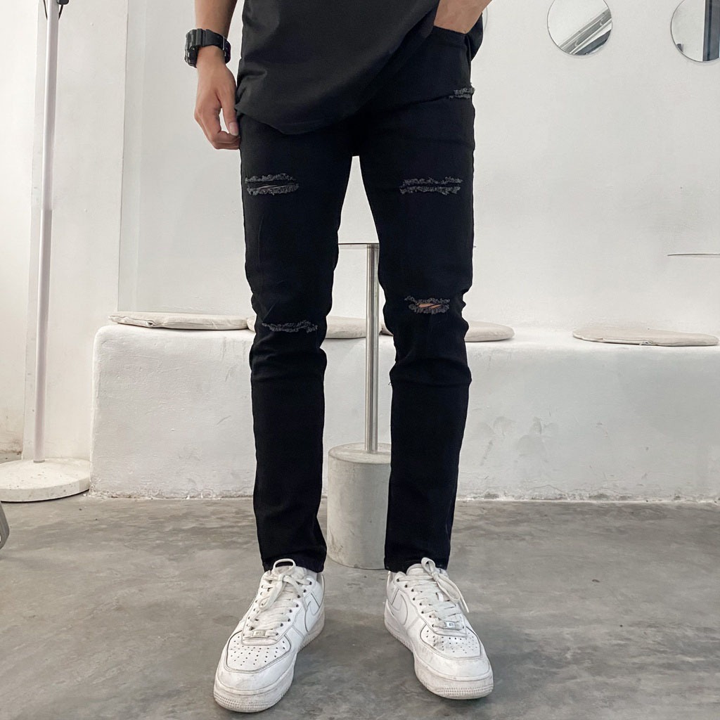 Quần jean nam đen chất bò rách gối đùi 1 bên co giãn cực tốt dáng ôm phom slimfit skinny VNXK Pon.mens