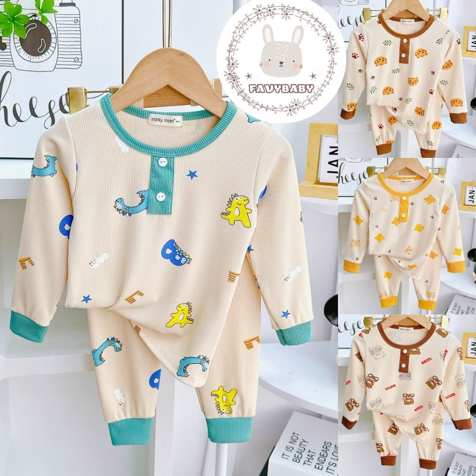 Bộ Dài Tay Len Tăm Thun Gân MINKY MOM Chính Hãng in Toàn Thân Cổ Nút Trụ Cho BéTrai Bé Gái 0 1 2 3 4 5 Tuổi - Favybaby