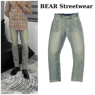 Quần jean nam thiết kế khóa zip phong cách streetwear cao câp BEAR màu xanh vàng form slimfit vải denim co giãn SK005