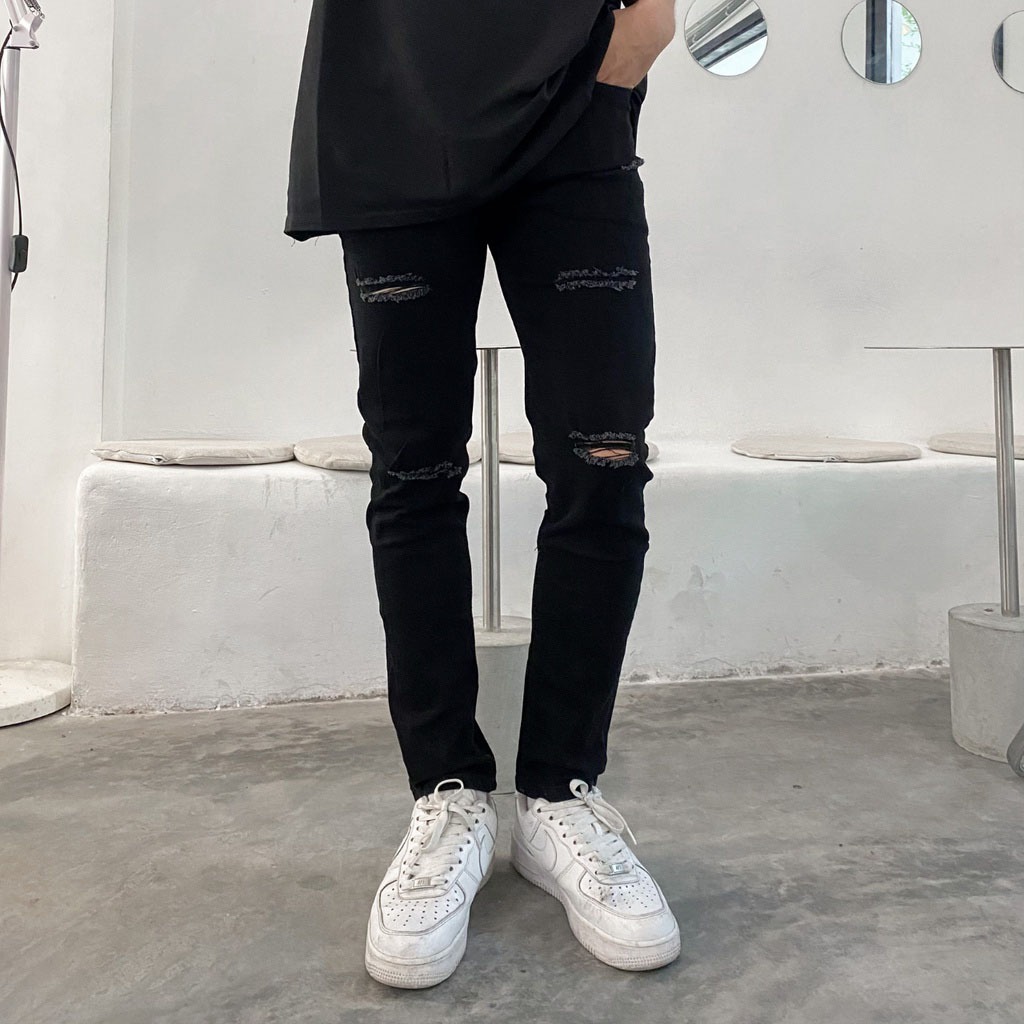 Quần jean nam đen chất bò rách gối đùi 1 bên co giãn cực tốt dáng ôm phom slimfit skinny VNXK Pon.mens