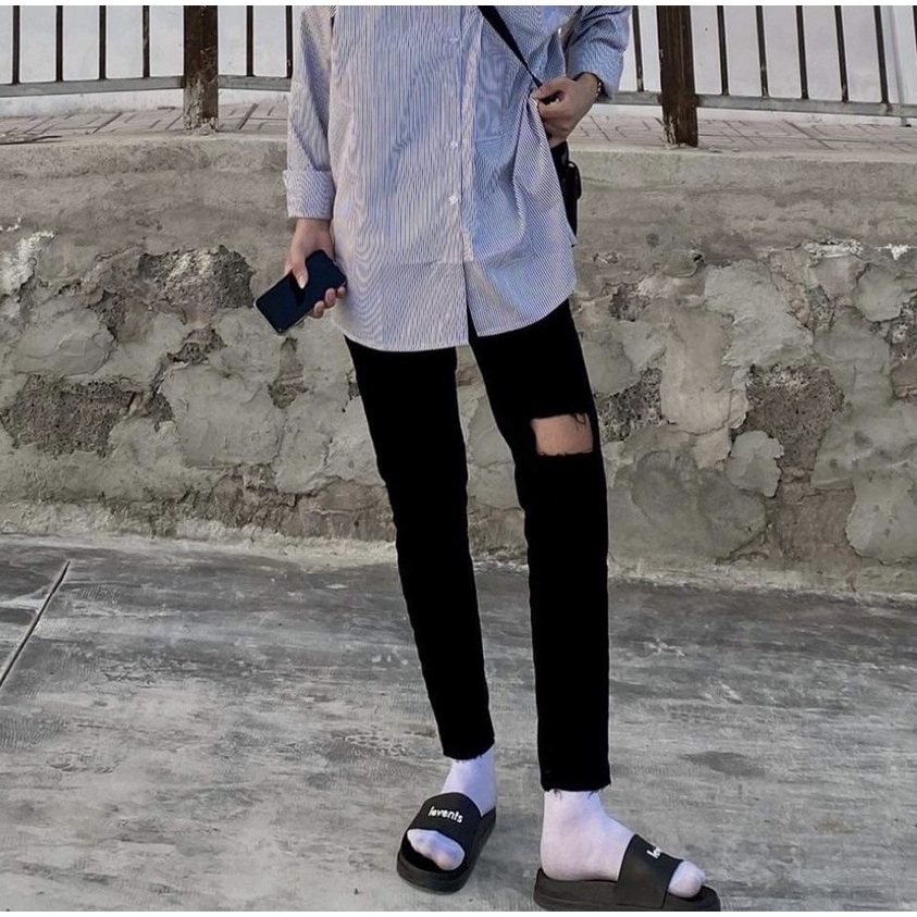 Quần jean nam đen chất bò rách gối đùi 1 bên co giãn cực tốt dáng ôm phom slimfit skinny VNXK Pon.mens