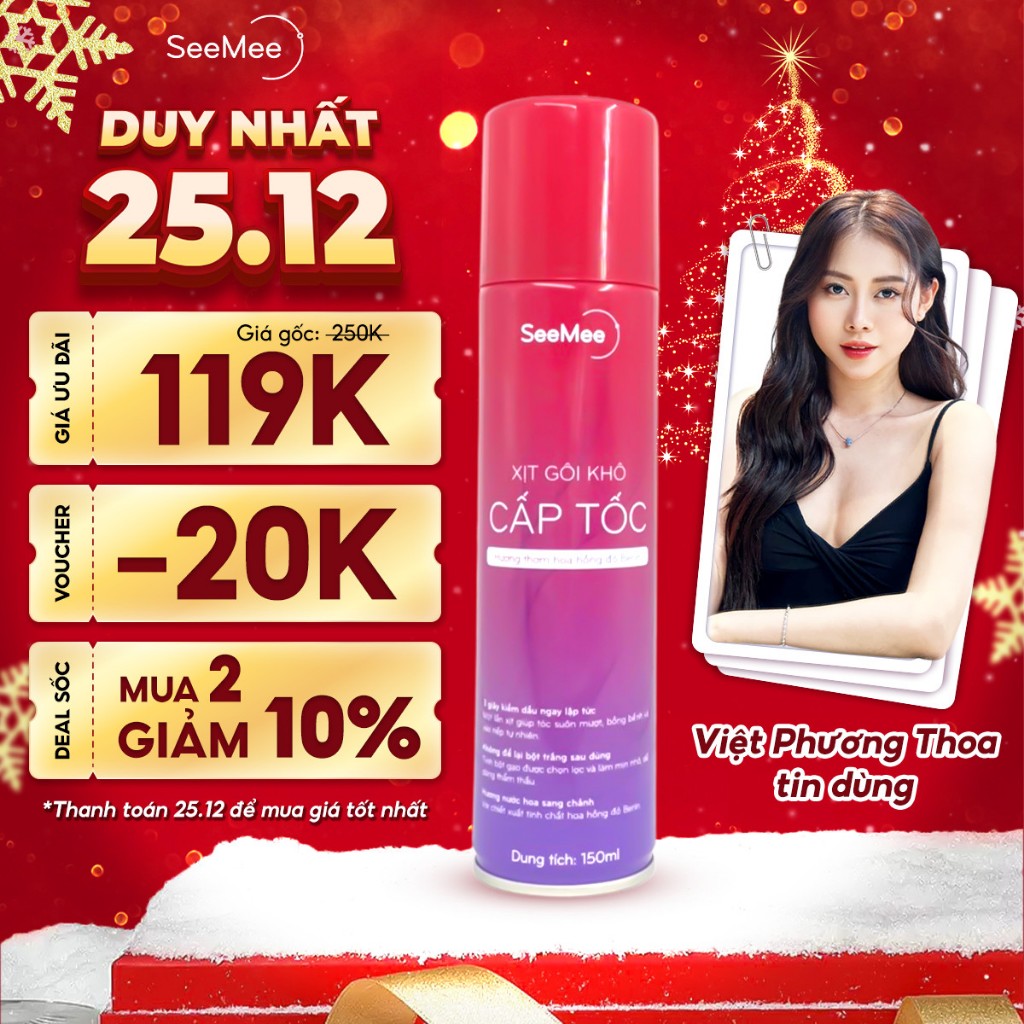 Dầu gội khô SeeMee 150ml dạng xịt an toàn không cần nước, kiềm dầu không gây bết tóc, làm sạch phồng tóc