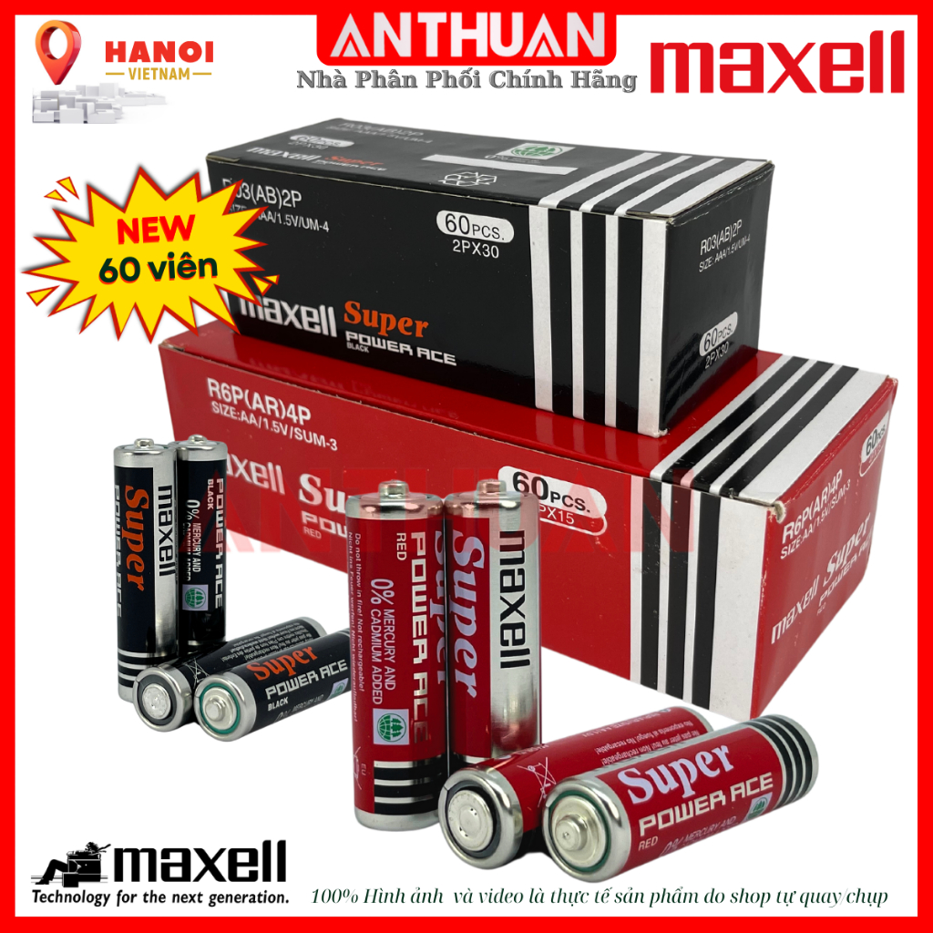 Hộp 60 viên Pin Maxell 2A 3A Dung lượng cao Pin AA  / AAA carbon R6 R03 date mới siêu bền không chảy nước.