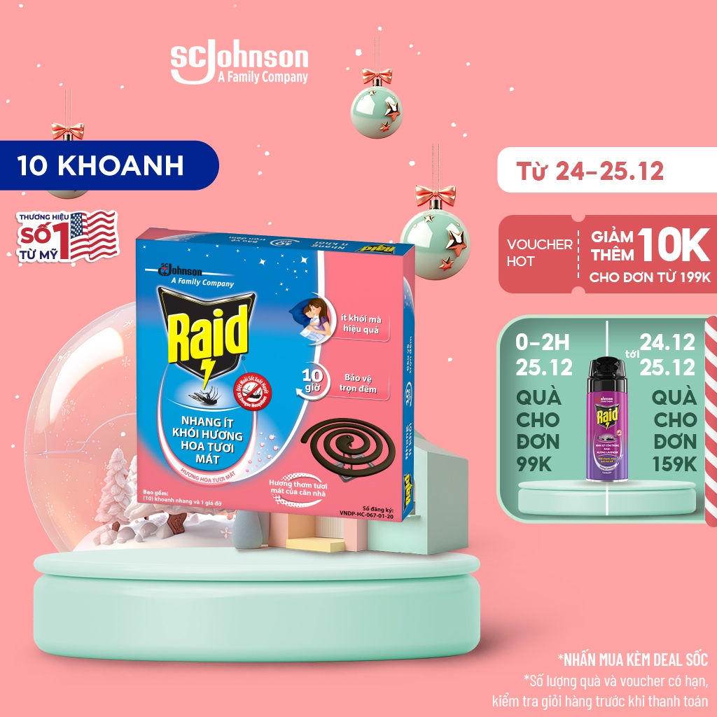 RAID Nhang diệt muỗi ít khói Hương Hoa - 10 khoanh
