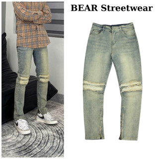 Quần jean nam rách gối thiết kế khóa zip phong cách streetwear màu xanh đậm xanh vàng đen thương hiệu BEAR - SK881