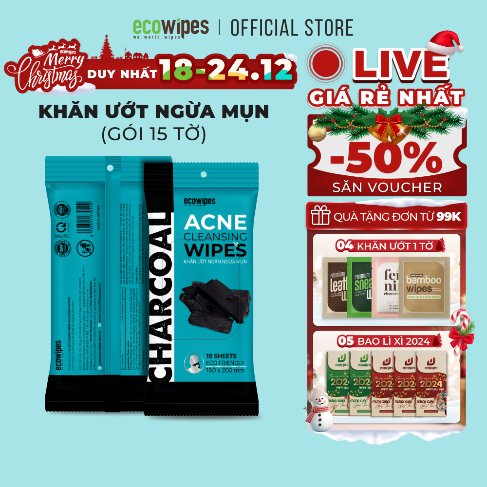 Khăn giấy ướt ngừa mụn than hoạt tính Charcoal Anti Acne Cleansing Wipes gói 15 tờ giảm viêm giảm mụn hiệu quả