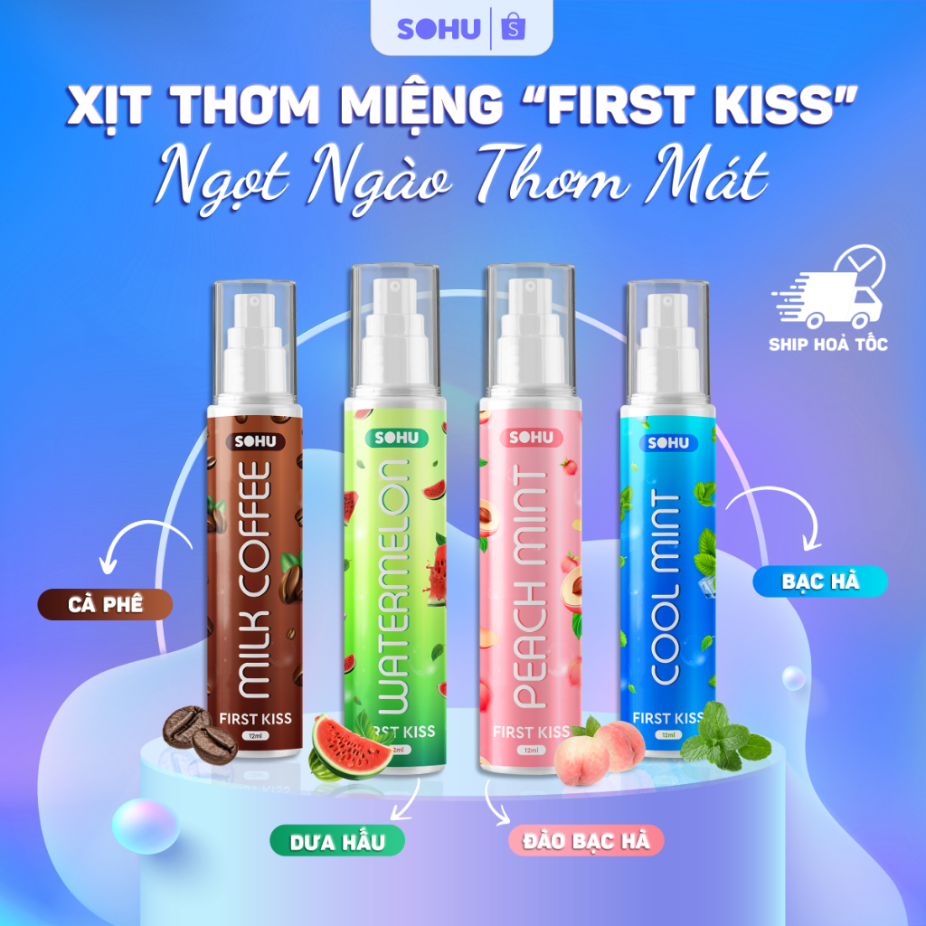 Xịt Thơm Miệng First Kiss SOHU 12ml Nhỏ Gọn Bỏ Túi Tiện Lợi, Sảng Khoái, Thơm Mát Dài Lâu