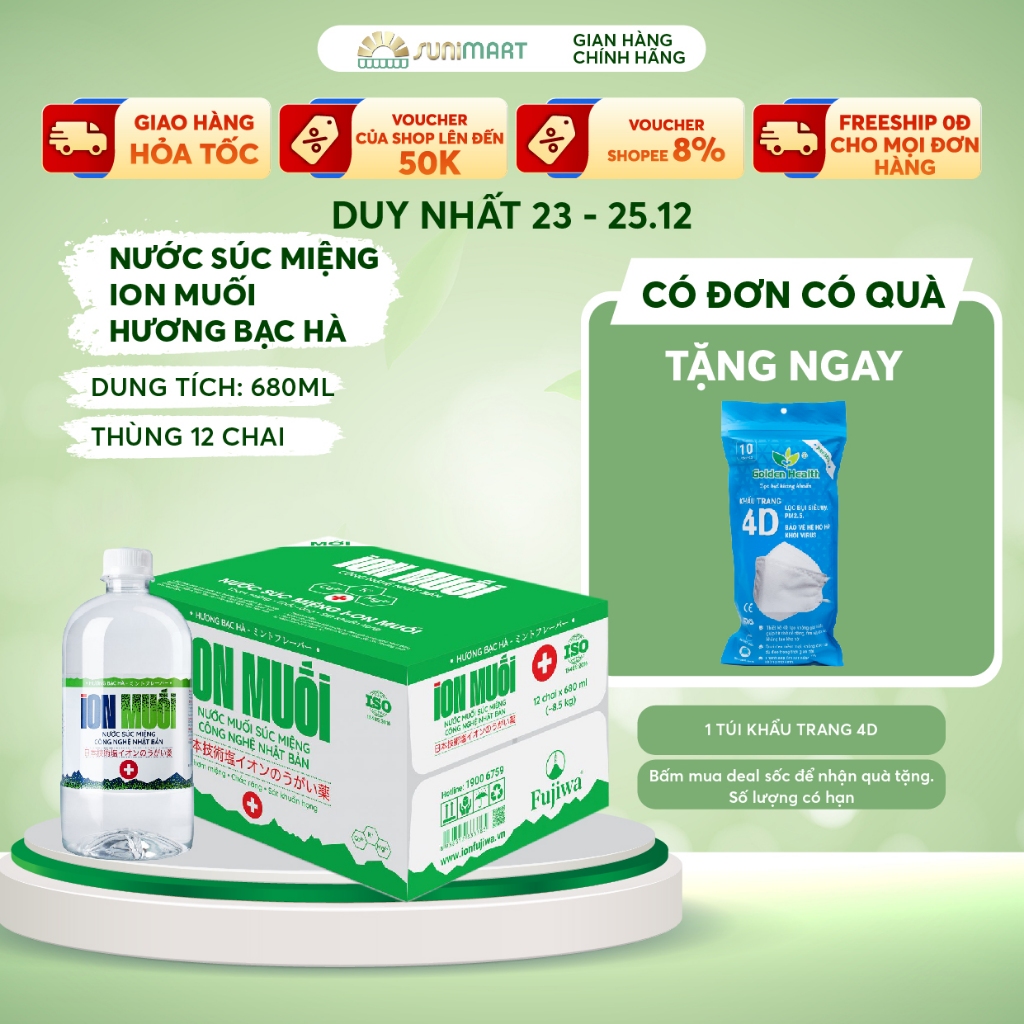 Nước súc miệng iON MUỐI hương Bạc hà FUJIWA (Mới ) Sunimart- Thùng 12 chai 680ml