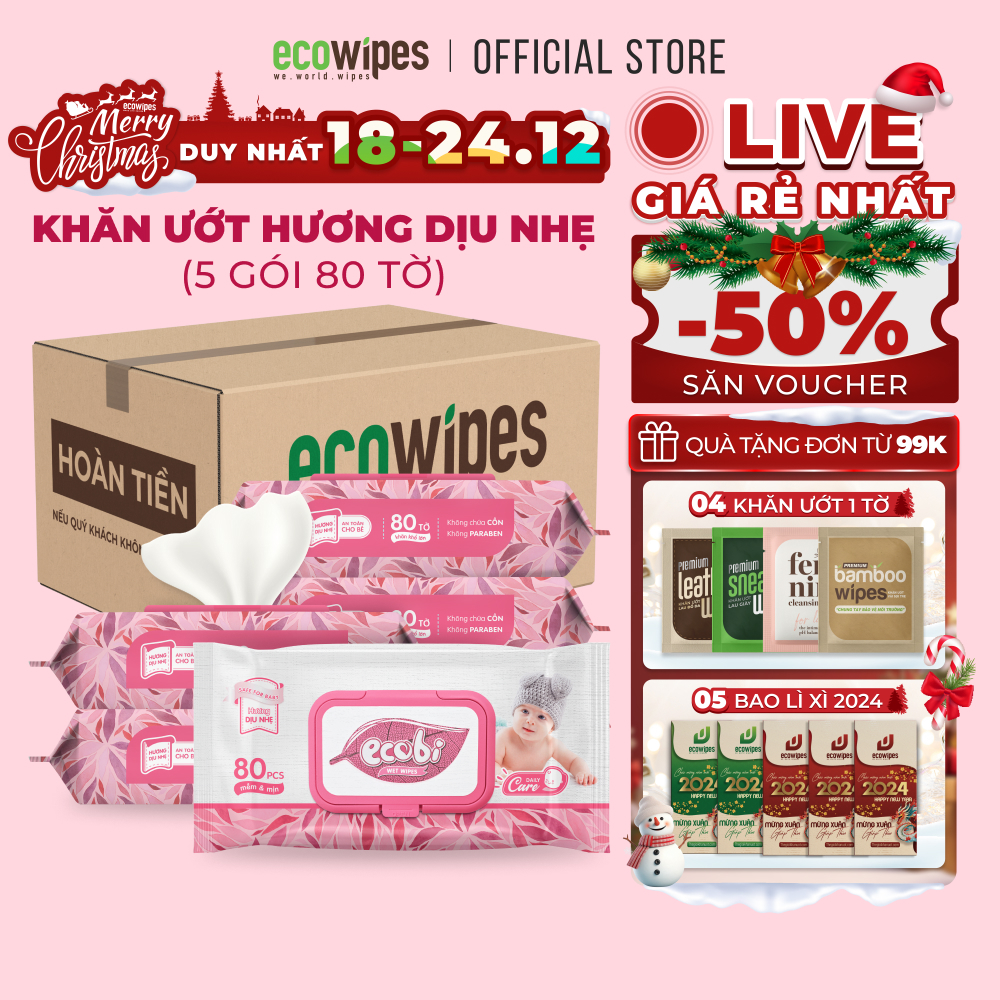 Combo 05 gói khăn giấy ướt cao cấp an toàn cho bé Ecobi EcoWipes gói 80 tờ 560g Hương Dịu Nhẹ không cồn không paraben