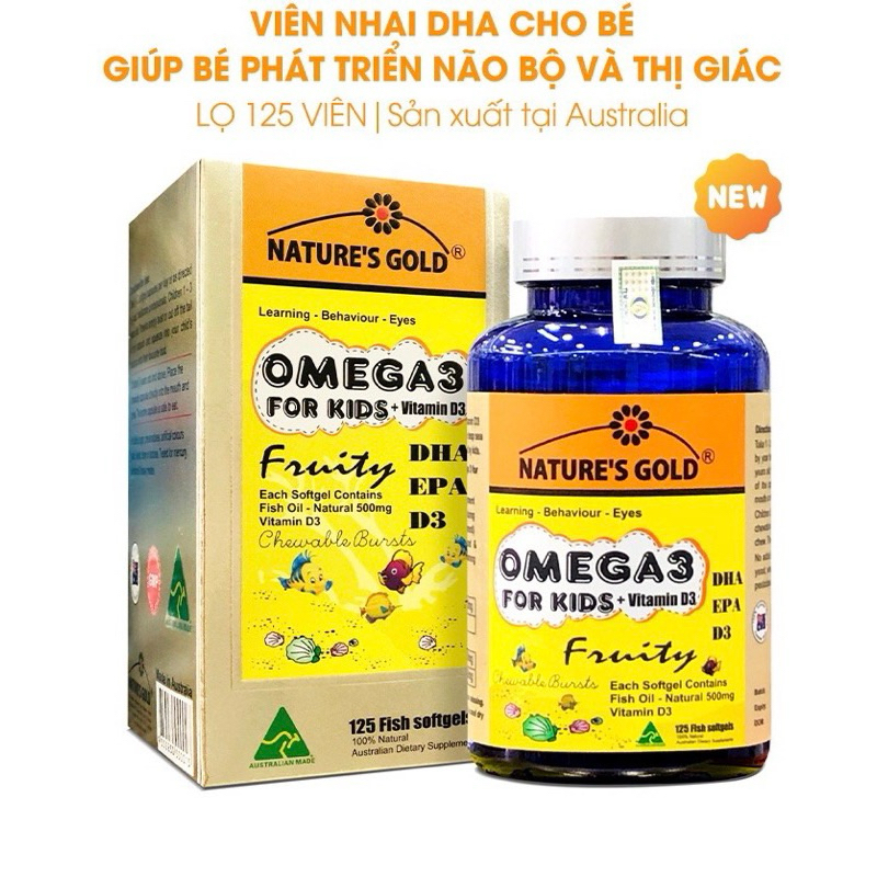 Viên dầu cá trẻ em Nature's Gold Omega 3 For Kids Fish Oil 125 date 09/2026 viên Omega 3 cho bé