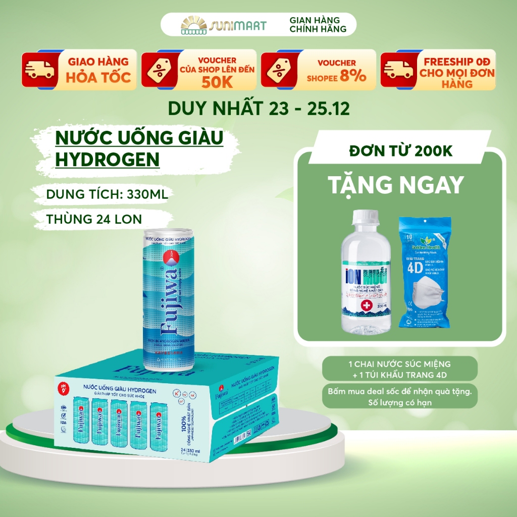 Nước uống ion kiềm cao cấp Fujiwa giàu hydrogen Sunimart (Thùng 24 lon)