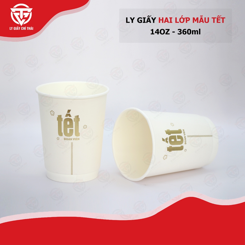 SET 50c Ly Giấy, Cốc Giấy 2 lớp giấy Cao Cấp 480ml Tết ép chữ nhũ kim vàng cao cấp sang trọng, cafe, thức uống v.v...