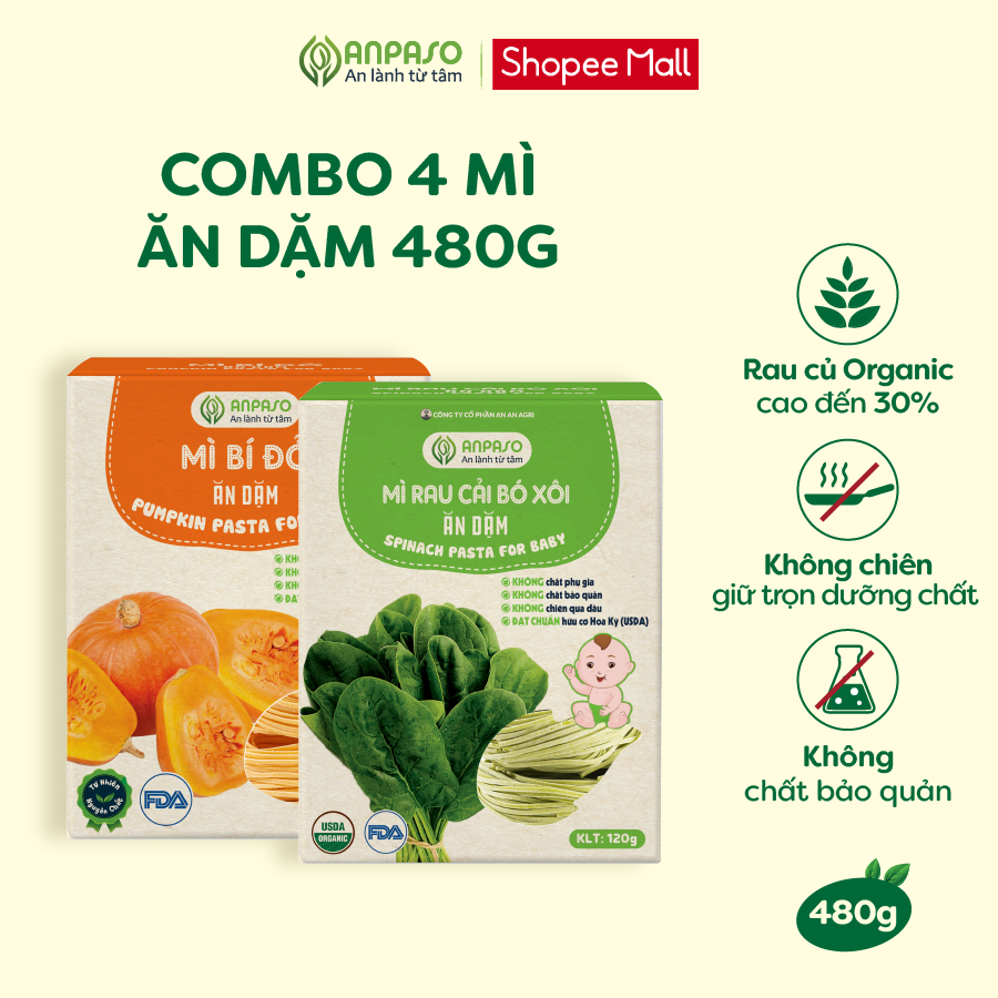 Combo Mix 4 Vị Mì Ăn Dặm Organic Anpaso Rau Củ Hữu Cơ Kiểu Nhật Cho Bé Bổ Xung Chất Sơ 480g