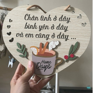 Tranh gỗ hình trái tim chân tình ở đây bình yên ở đây và em cũng ở đây hình ly cafe tặng móc dán