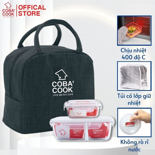Hộp cơm 3 ngăn 1040ml và hộp 370ml thủy tinh chịu nhiệt kèm túi giữ nhiệt cobacook- ccl1nl32bb
