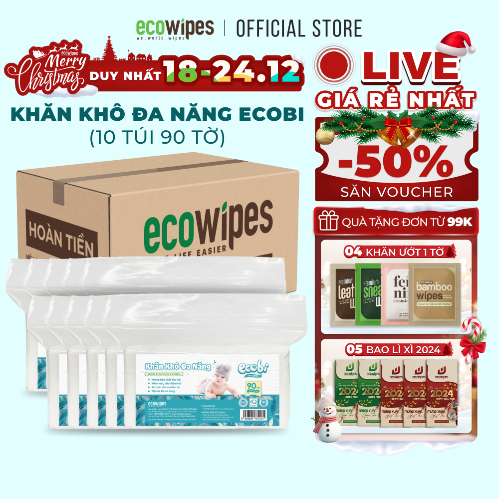 Combo 10 túi khăn vải khô đa năng cao cấp an toàn cho bé Ecowipes túi 90 tờ 120g siêu tiết kiệm mềm mịn dai thấm hút tốt