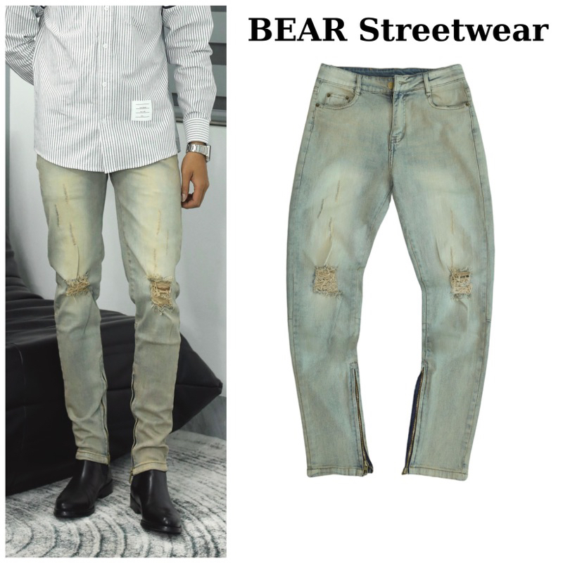 quần jean nam ziper streetwear cao cấp BEAR màu xanh vàng form slimfit vải denim co giãn SK004