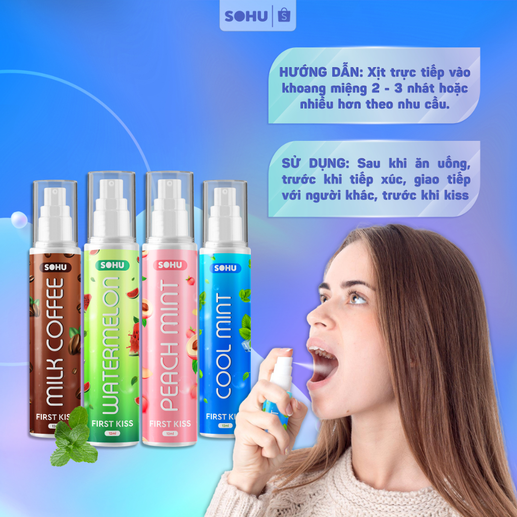 Xịt Thơm Miệng First Kiss SOHU 12ml Nhỏ Gọn Bỏ Túi Tiện Lợi, Sảng Khoái, Thơm Mát Dài Lâu