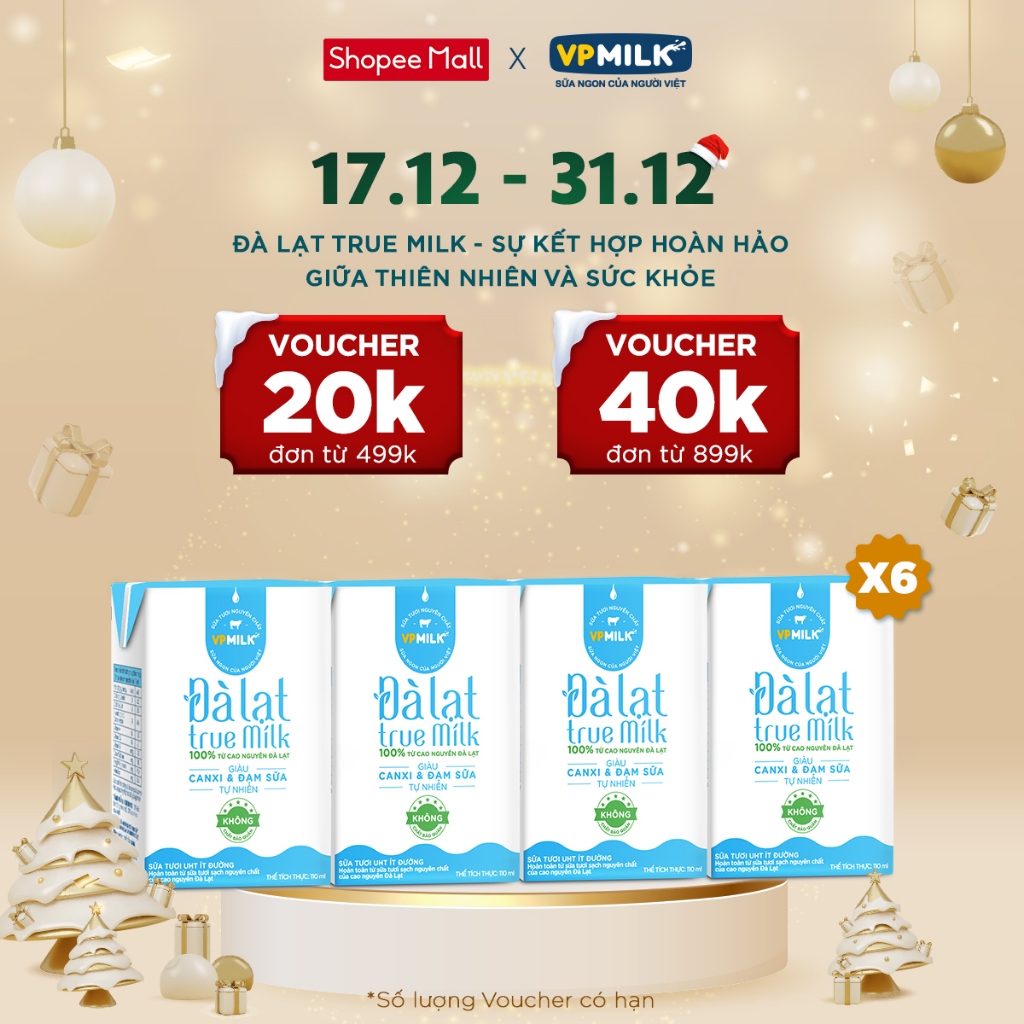 sữa tươi UHT Đà Lạt True Milk VPMilk ít đường hộp 110ml (lốc 4 hộp x 6)