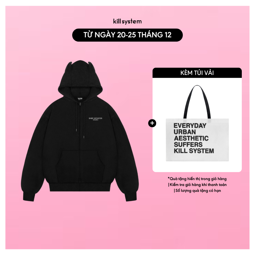 Áo khoác hoodie zip boxy Kill System Monster nón có tai màu đen chất vải chân cua