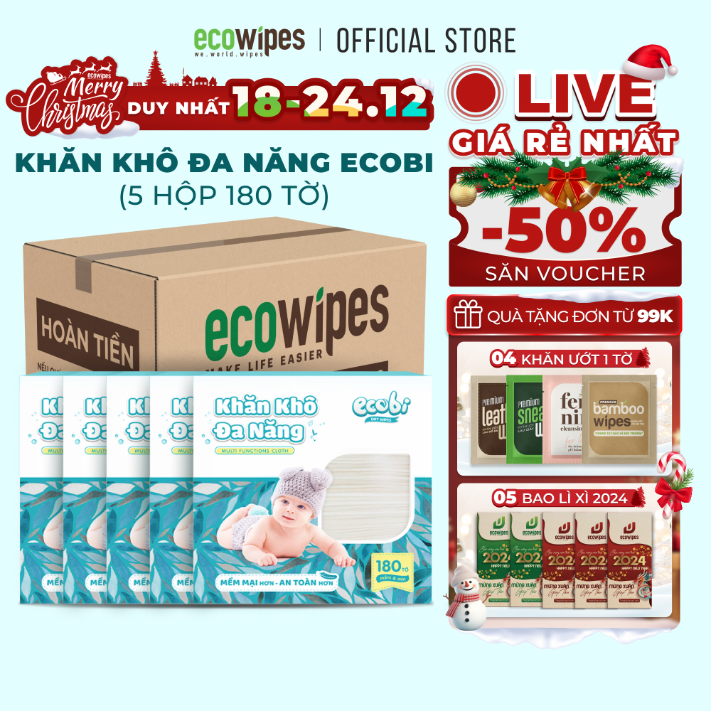Combo 05 hộp khăn vải khô đa năng cho bé EcoWipes hộp 180 tờ 300g mềm mịn dai thấm hút tốt