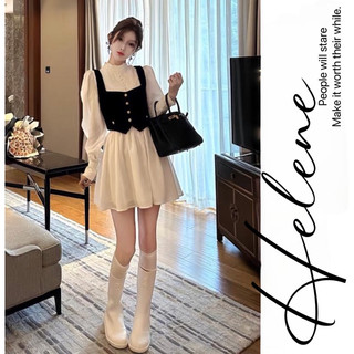 (Sẵn) Set váy ly ngực cúc mix Gile nhung đẹp Helene  HN-19