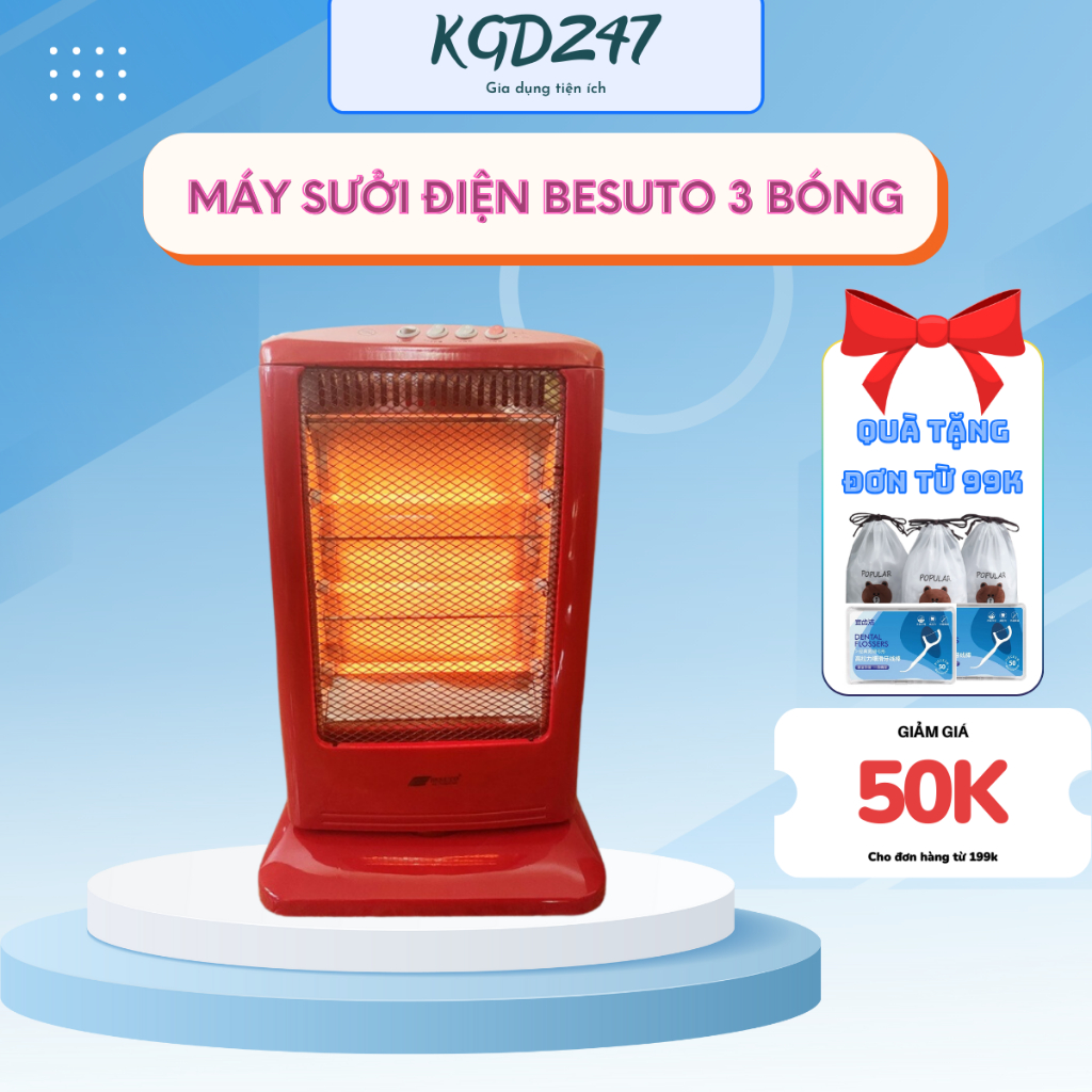Quạt sưởi 3 bóng Besuto, góc quay rộng, tỏa nhiệt đều, không gây khô da, an toàn và tiết kiệm điện BH 12 tháng
