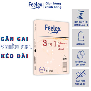 Bao cao su Feelex 3in1 gân gai, nhiều gel bôi trơn, kéo dài thời gian quan hệ - hộp 01bcs