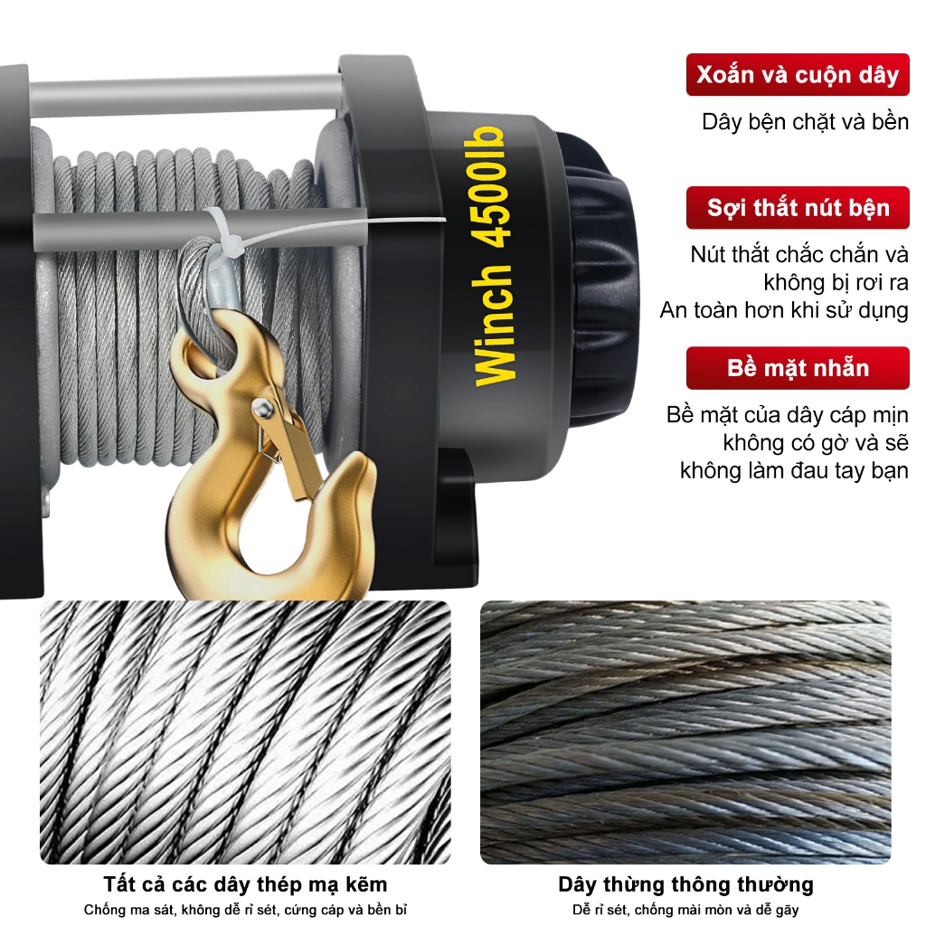 Máy tời điện 12V 4500lbs , thiết bị nâng hạ -Tời Cứu Hộ Ô Tô 12V-Kích thước cáp 6mm ×10mét