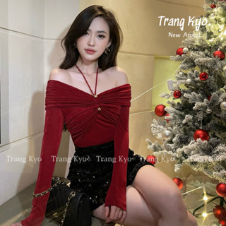 Áo Nhún Nhung Trễ Vai Dài Tay Trang Kyo Áo Nhung Thu Đông Tay Dài Áo Kiểu Nữ Nhún Ngực Hàng Thiết Kế ABB3896