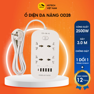 Ổ cắm điện đa năng HOTECH 2500W có chống giật an toàn cổng sạc USB và type-C 10W dây 3m có công tắc nguồn toàn ổ OD28H