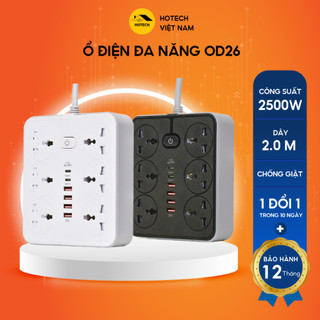 Ổ điện đa năng HOTECH 2500W chống giật an toàn có cổng USB và Type C 10W dây dài 2M phích cắm 2 chấu thông dụng OD26H