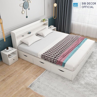 [Chỉ giao lắp tại TP.HCM] Giường Ngủ Gỗ Công Nghiệp 3 Ngăn Kéo SIB Decor Màu Trắng GN12