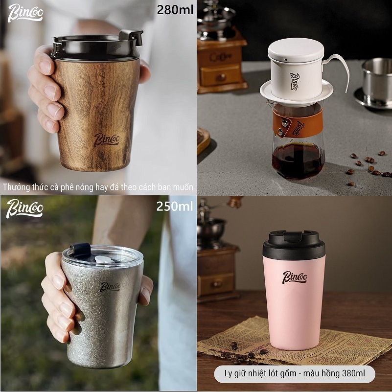 Ly cà phê inox 304 giữ nhiệt 2 lớp lót gốm. Cốc cà phê tiện lợi di động Bincoo 250ml, 280ml, 300ml