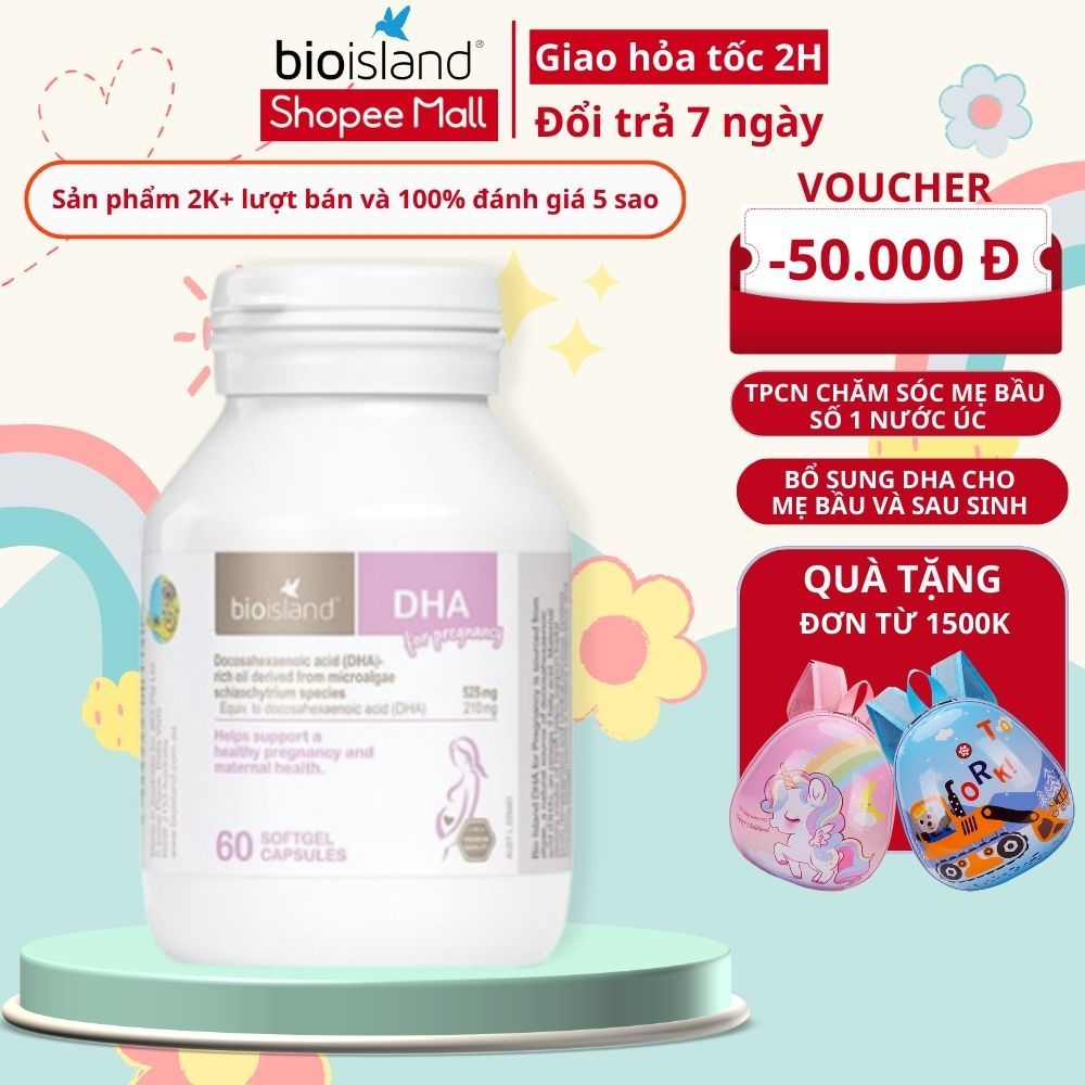 Viên vitamin bầu DHA Bioisland 60 viên phát triển trí não thai nhi, bé thông minh khỏe mạnh, hỗ trợ sáng mắt