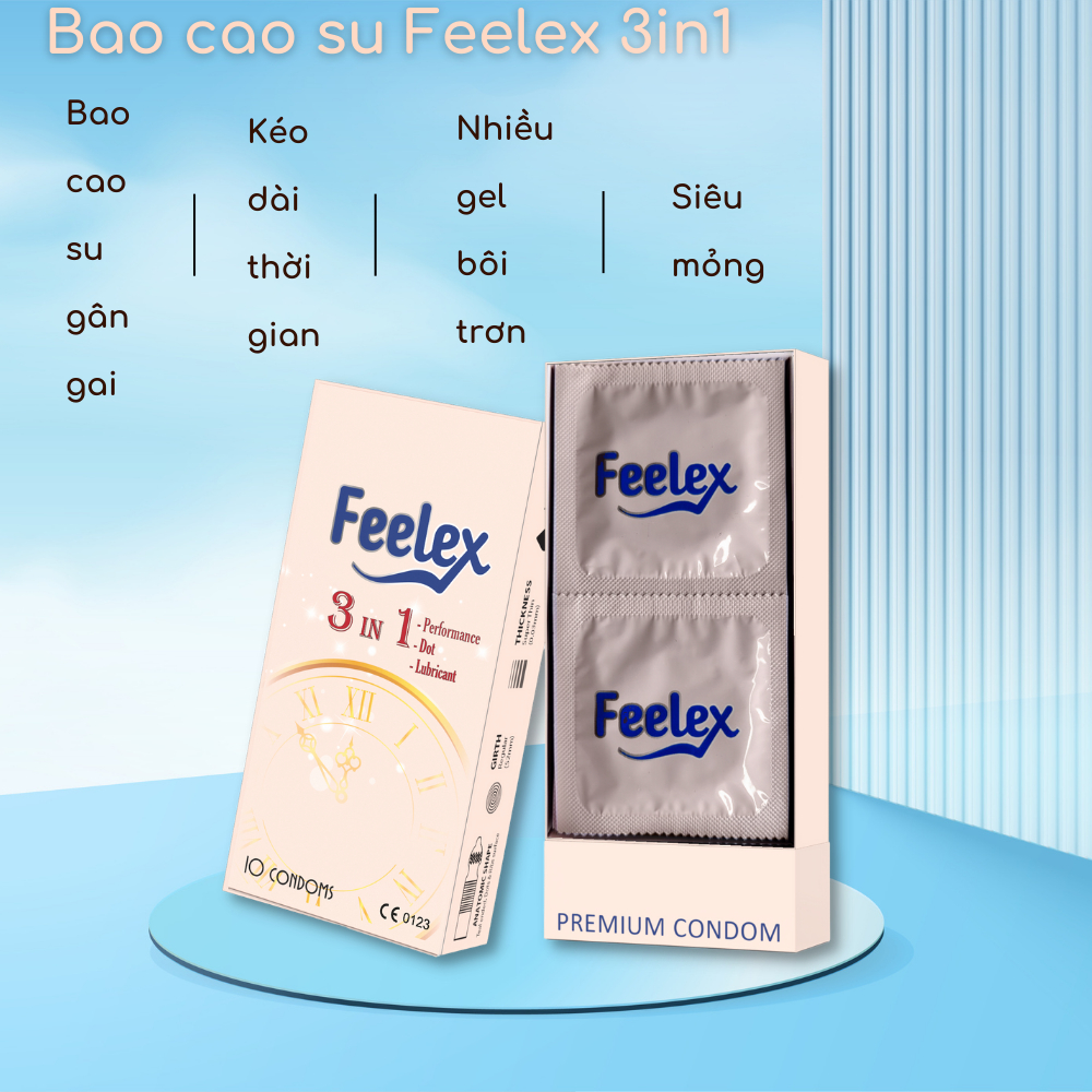 Bao cao su gai Feelex 3 in 1 gân gai, kéo dài thời gian, nhiều gel, tiện lợi - hộp 10 chiếc