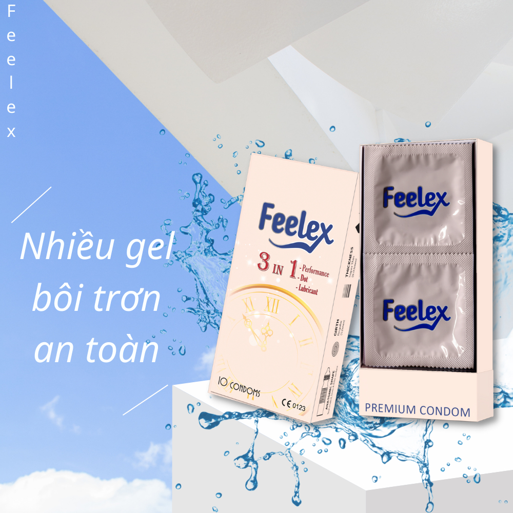 Bao cao su gai Feelex 3 in 1 gân gai, kéo dài thời gian, nhiều gel, tiện lợi - hộp 10 chiếc