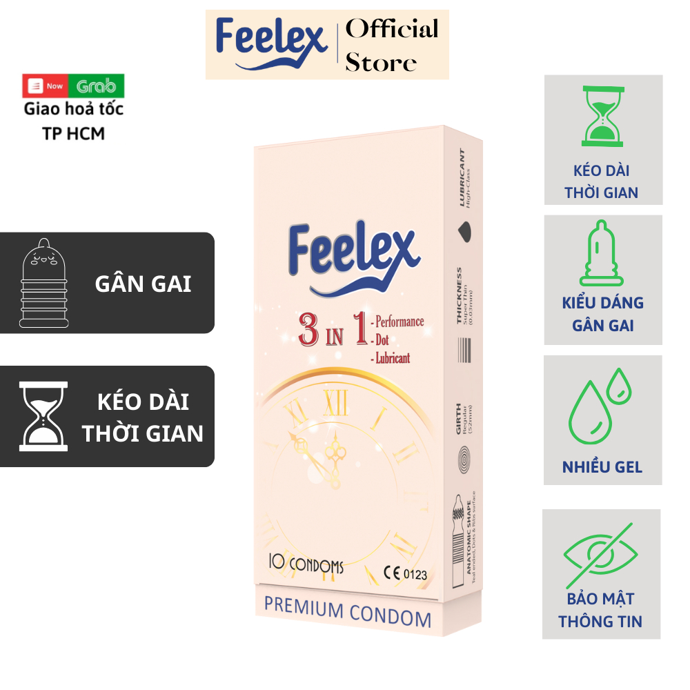 Bao cao su gai Feelex 3 in 1 gân gai, kéo dài thời gian, nhiều gel, tiện lợi - hộp 10 chiếc
