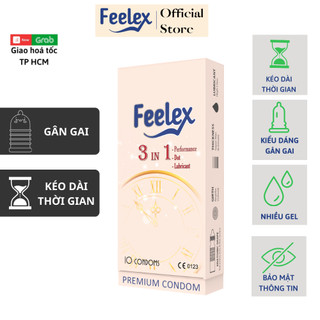 Bao cao su gai Feelex 3 in 1 gân gai, nhiều gel, kéo dài, tiện lợi - hộp 10 chiếc