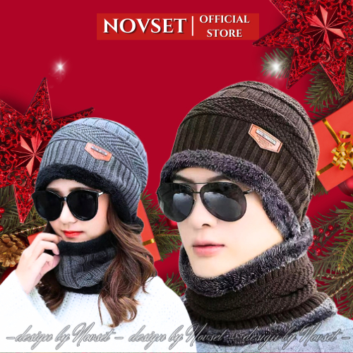Mũ len nam nữ tặng kèm khăn quàng cổ NOVSET Nón Len Trùm Đầu Nam Nữ Mùa Đông Chất Liệu Len Cao Cấp
