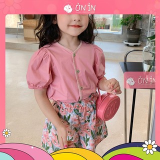 Set đồ cho bé gái áo sơ mi hồng trơn kèm quần hoa thiết kế đơn giản sang trọng cho bé gái Unin.vn S656
