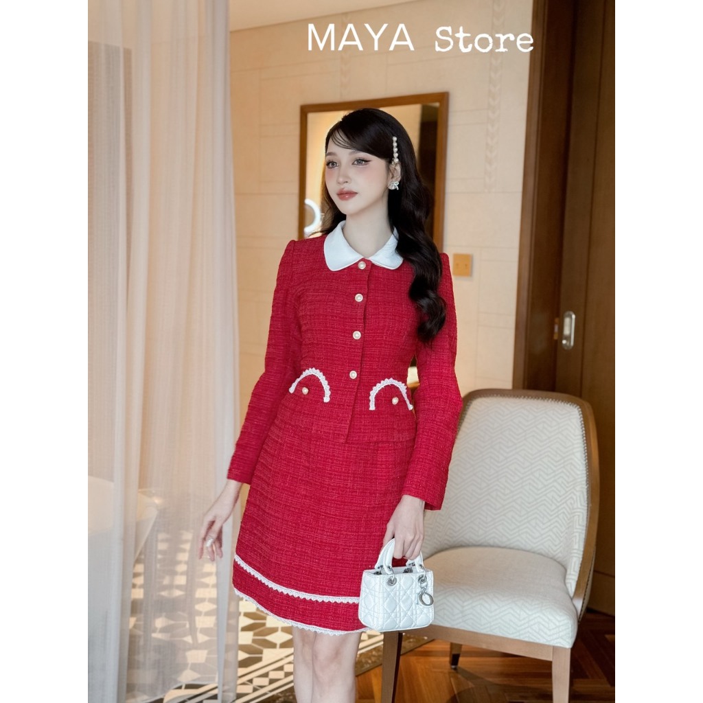 sét Dạ Tweed cao cấp Daisy Set dáng A phong cách Hàn Quốc màu đỏ
