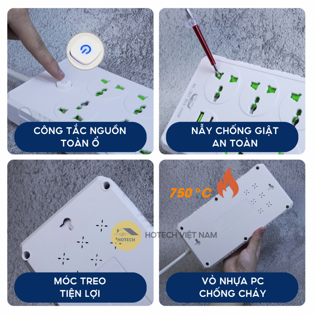 Ổ cắm điện đa năng thông minh HOTECH 3000W có cổng sạc type C và cổng Usb 10W chống giật chống cháy chống va đập OD22H