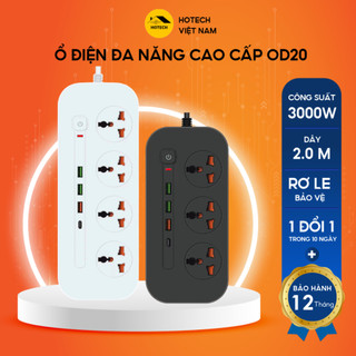 Ổ điện đa năng thông minh chống giật chống cháy HOTECH chịu tải 3000w có rơ le và cổng sạc USB Type C dây dài 2m OD20H