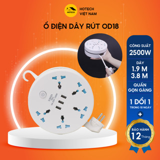 Ổ điện đa năng dây rút chống giật an toàn HOTECH chịu tải 2500W 3 cổng USB tiện lợi dây dài 1,9 - 3,8m quấn gọn OD18H