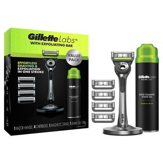 Set dao cạo râu gillette labs với thanh tẩy tế bào chết, 4 lưỡi dao nạp lại và 1 chai gel cạo râu