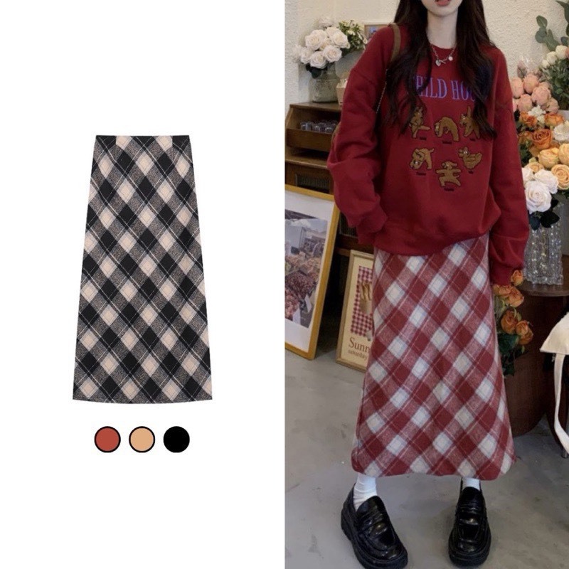 Chân váy dạ nữ kẻ caro lên fom siêu xinh dáng dài xẻ sau_166