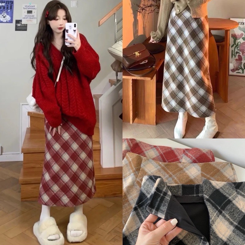 Chân váy dạ nữ kẻ caro lên fom siêu xinh dáng dài xẻ sau_166