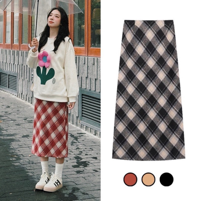 Chân váy dạ nữ kẻ caro lên fom siêu xinh dáng dài xẻ sau_166