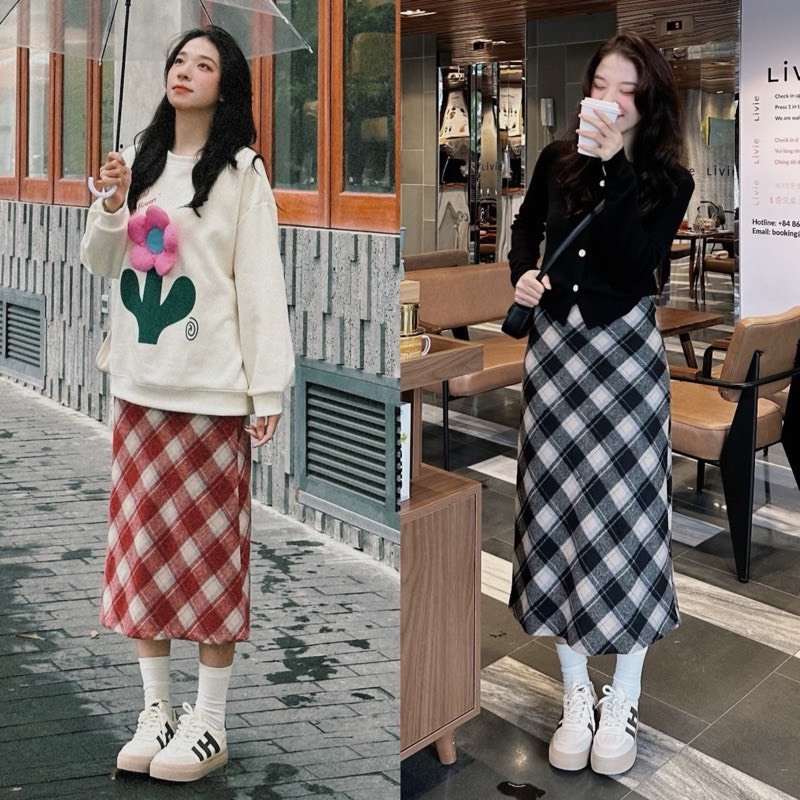Chân váy dạ nữ kẻ caro lên fom siêu xinh dáng dài xẻ sau_166